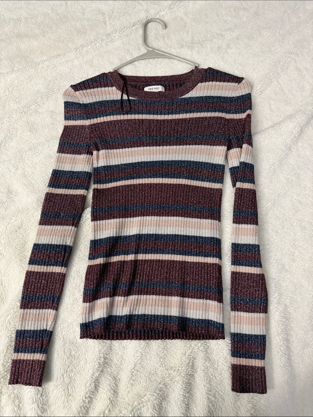 Nine West Striped Ribbed Crewneck Sweater - Burgundy, Cream & Blue